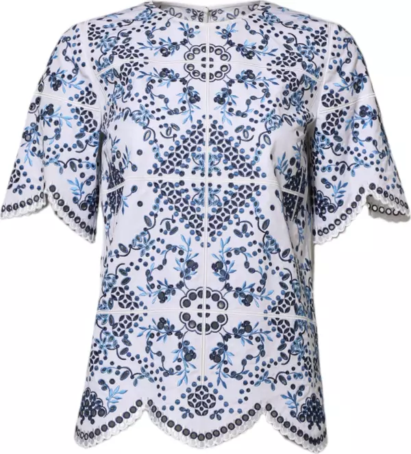 Blue Lace Eyelet Crew Neck Blouse Top
