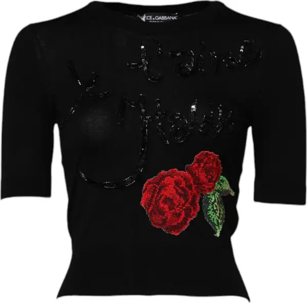 Black Rose Sequin Embellishments Blouse Top