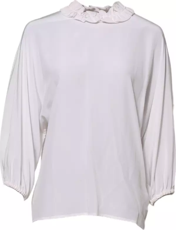 White Ruffled Neckline Blouse Pullover Top