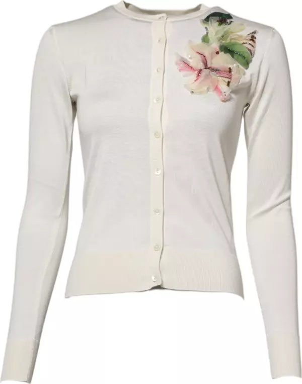 White Silk Lily Embellished Cardigan Sweater