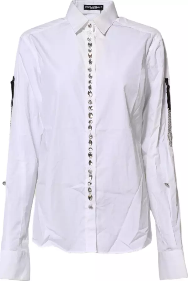 White Crystal Embellished Collared Shirt Top