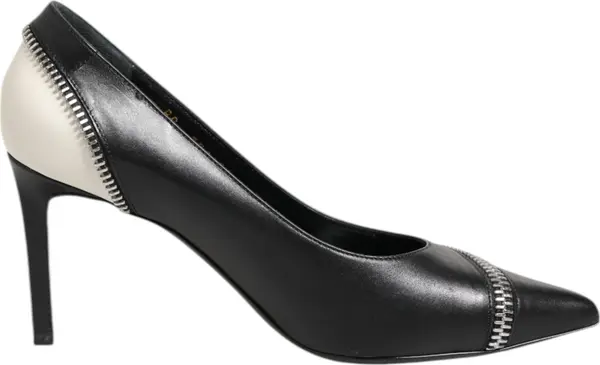 White Black Leather Pointed Toe Heels Shoes