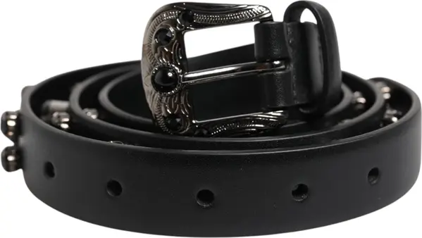Black Studded Leather Metal Logo Buckle Belt