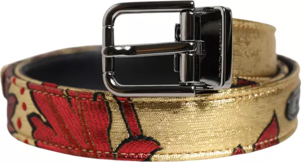Gold Floral Jacquard Silver Metal Buckle Belt