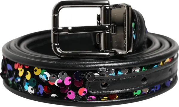 Black Sequin Embellished Metal Buckle Belt