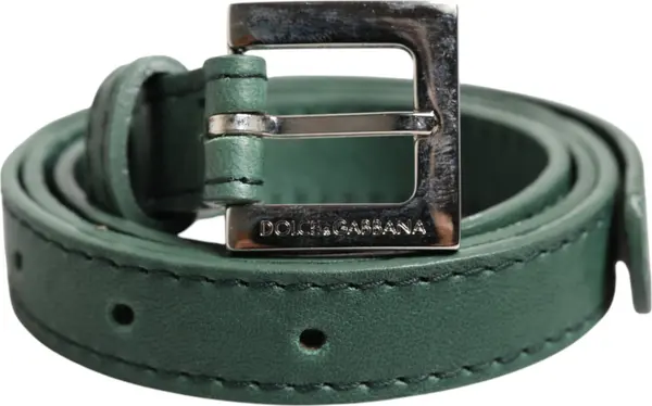 Dark Green Leather Silver Metal Buckle Belt