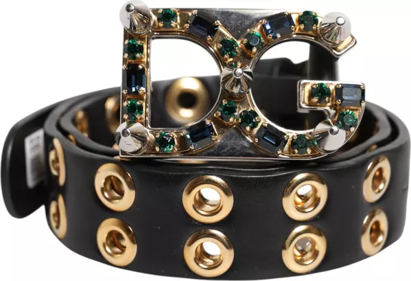 Black Leather Eyelet Crystal DG Buckle Belt
