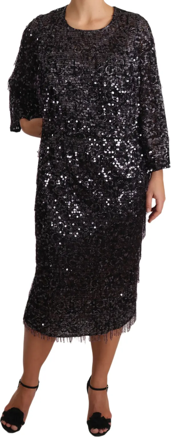 Black Sequined Long Sleeve Shift Midi Dress