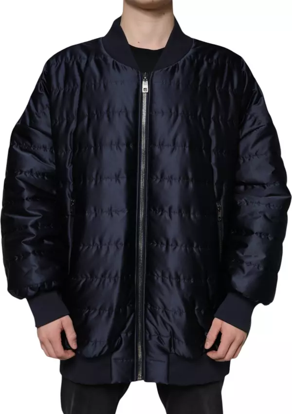 Dark Blue Quilted Full Zip Bomber Jacket