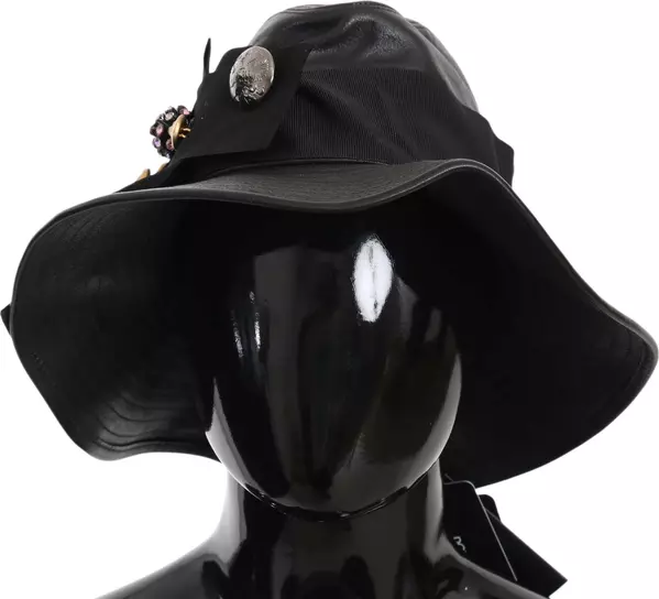 Black Leather DG Coin Crystal Wide Brim Hat