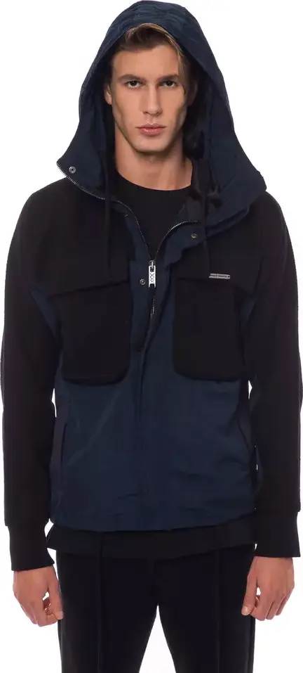 Black Wool Men Jacket with Hood and Pockets