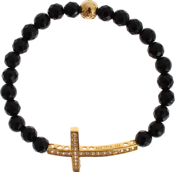 Agate Stone Gold CZ Cross 925 Silver Bracelet