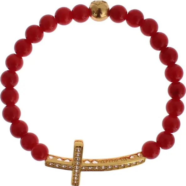 Red Coral Gold CZ Cross 925 Silver Bracelet