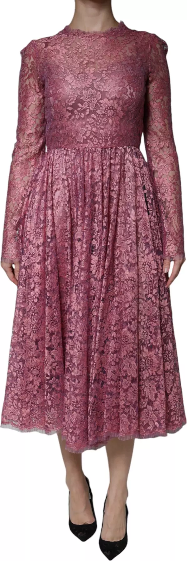 Pink Floral Lace Long Sleeve Midi Dress