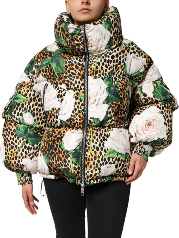 Multicolor Leopard Rose Puffer Quilted Jacket