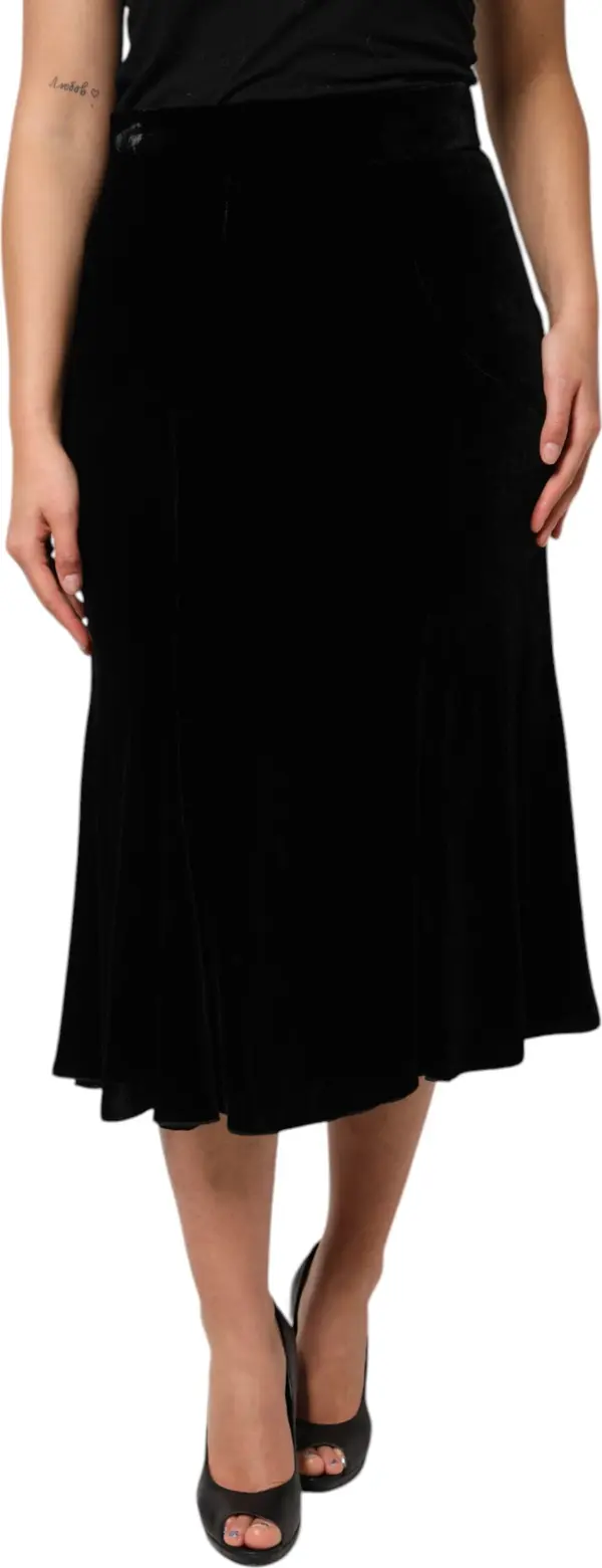 Black High Waist Fit Flared Midi Skirt