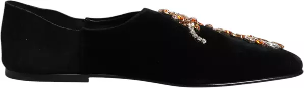Black Velvet Embellished Loafer Slip On Shoes
