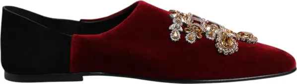 Black Red Velvet Embellished Slip On Shoes