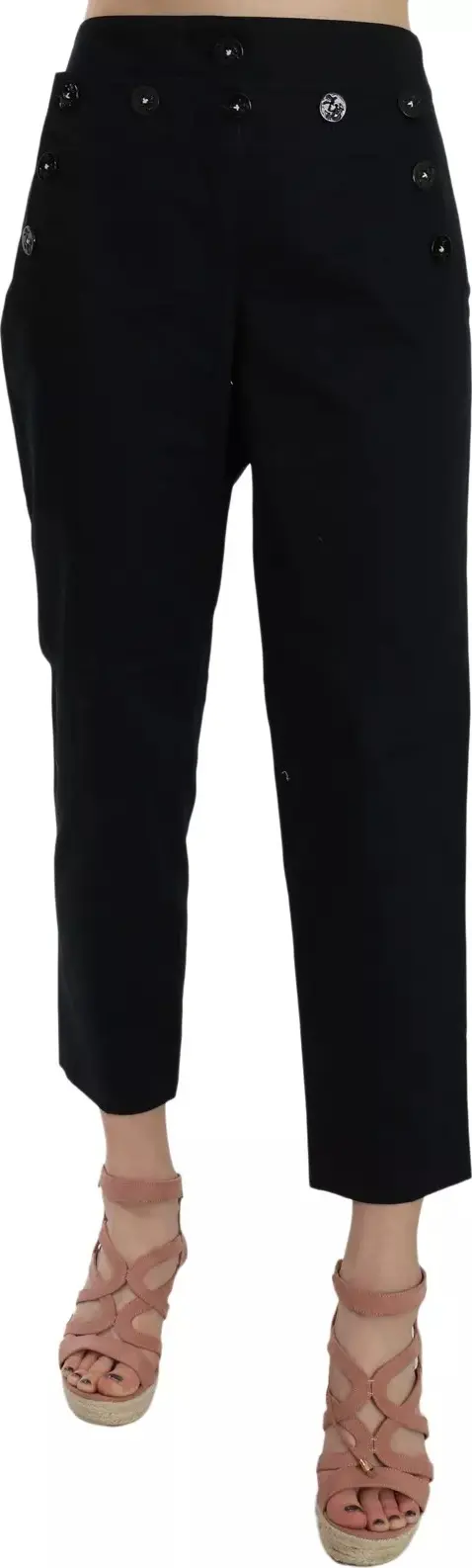 Black Cropped Front Button Embellished Pants