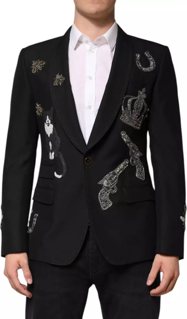 Black Bee Crown Embellished Suit Coat Blazer