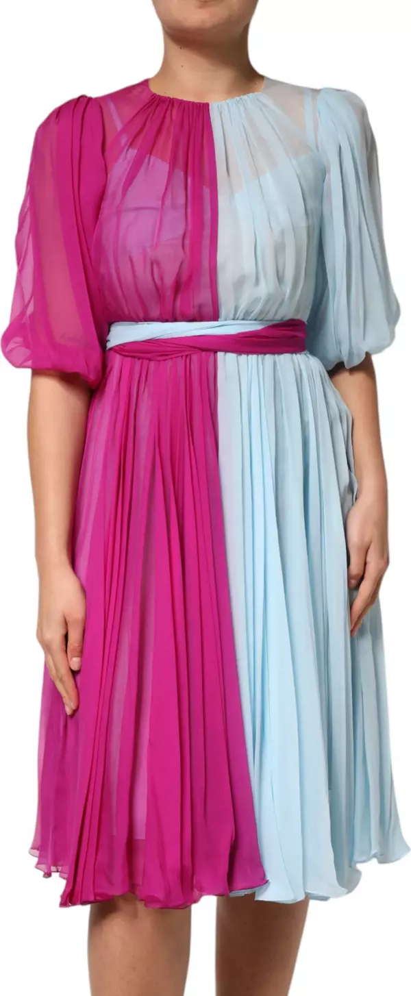 Fuchsia Light Blue Silk Two Tone Midi Dress