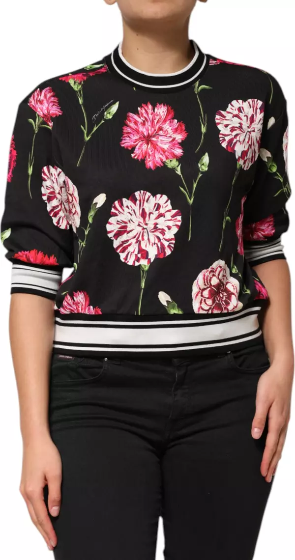 Black Floral Print Cotton Short Sleeves Top