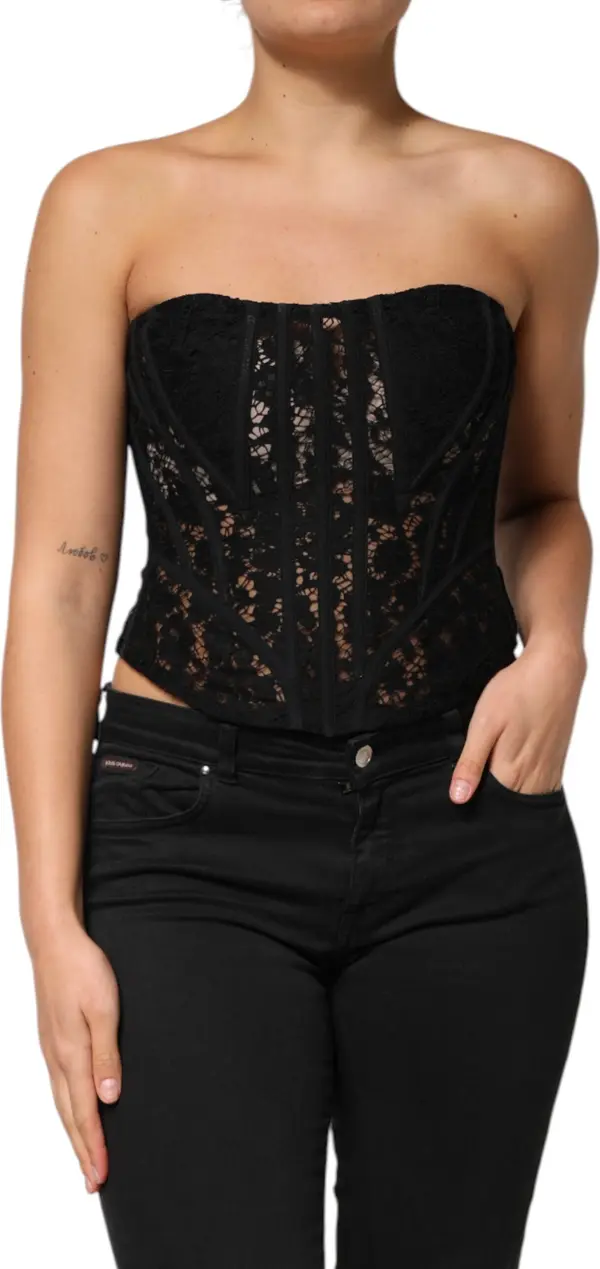 Black Strapless Floral Lace Bustier Cropped Top