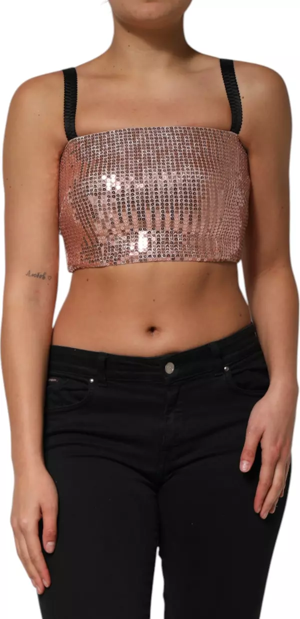 Pink Sequined Nylon Sleeveless Cropped Top