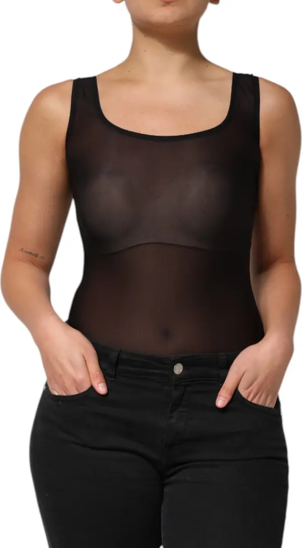 Black Nylon Sleeveless Round Neck Tank Top