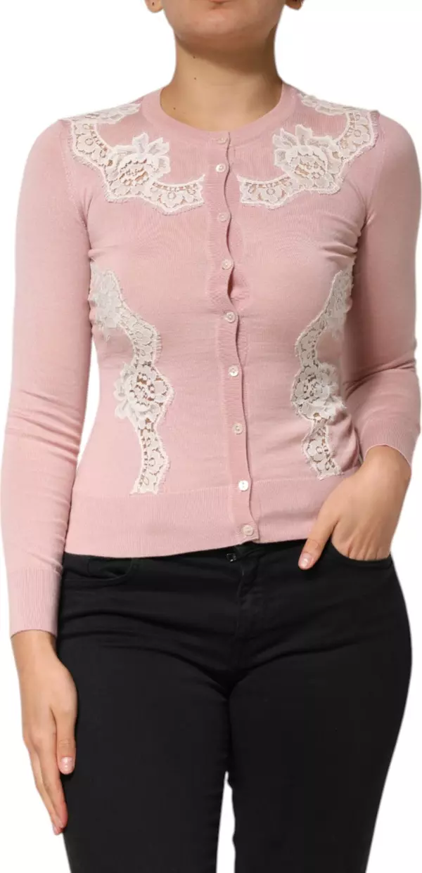 Pink Floral Lace Detailing Cardigan Sweater