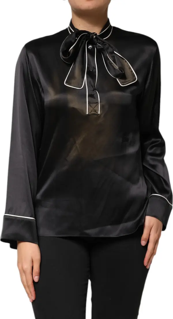 Black Silk Ascot Collared Button Blouse Top