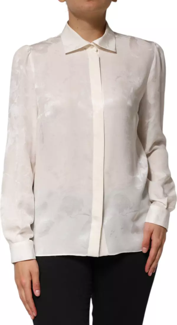 White Silk Long Sleeves Collared Shirt Top