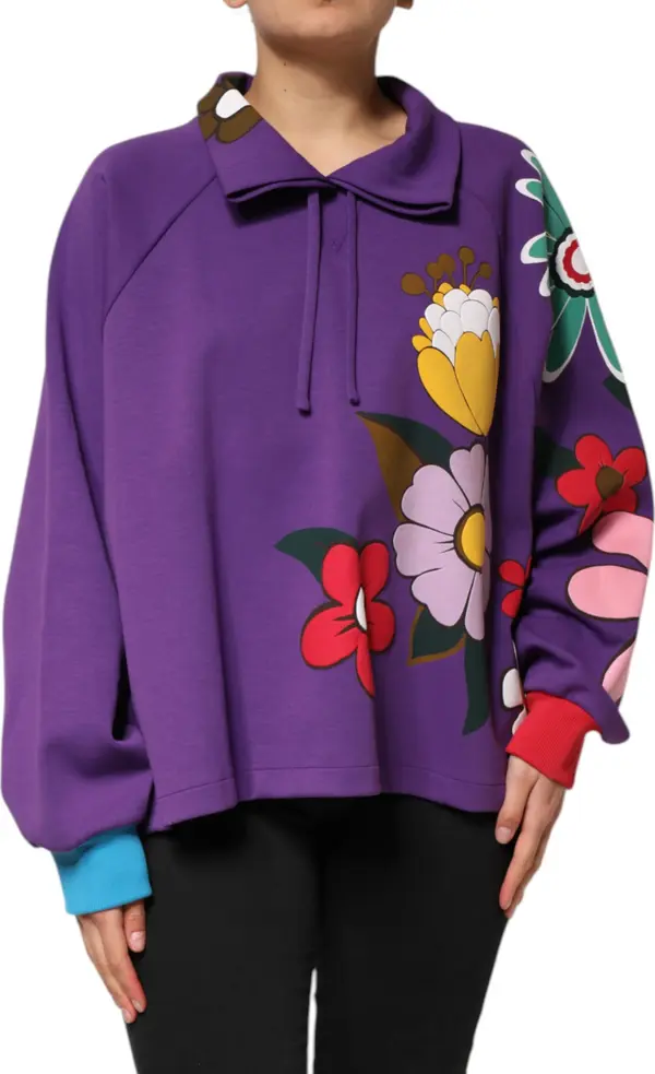 Purple Floral Print Cotton Long Sleeves Top