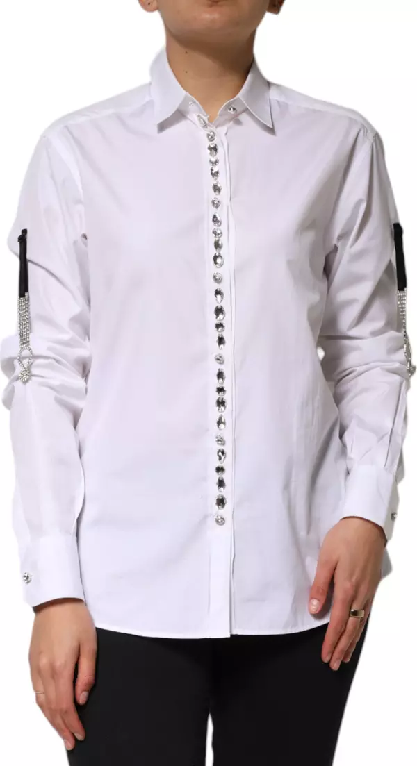 White Crystal Embellished Collared Shirt Top