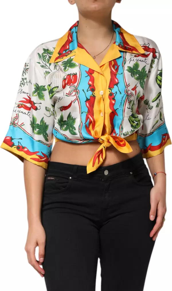 Multicolor Chili Silk Cropped Blouse Top