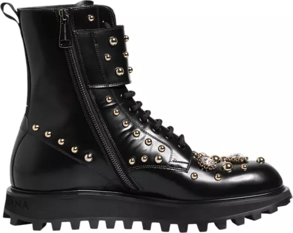 Black Studded Lace Up Mid Calf Boots Shoes