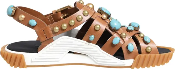 Brown Leather Studded Slides Sandals Shoes