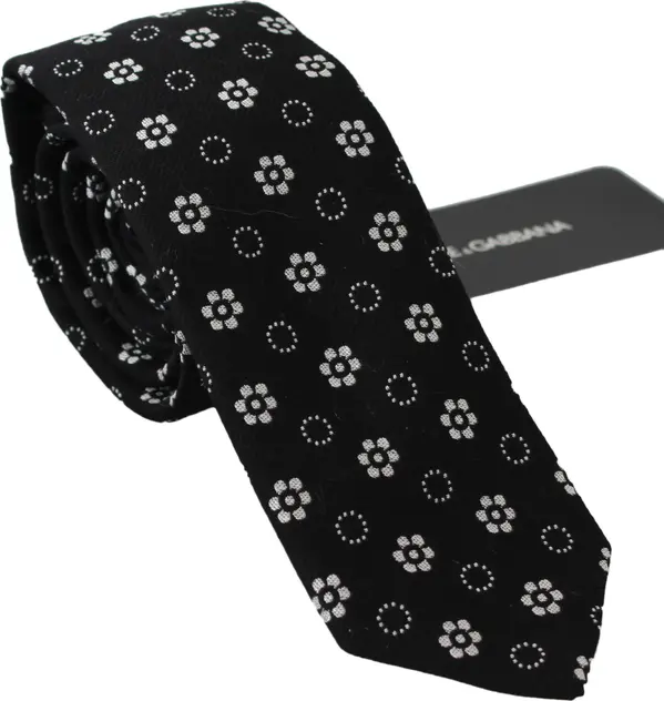 Black 100% Silk Floral Print Print Classic Tie