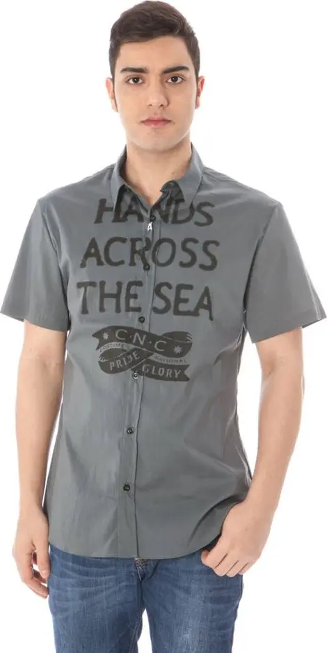 "Gray Cotton Men's Shirt with Italian Collar"