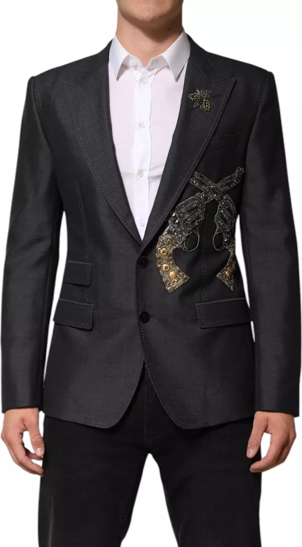 Dark Gray Bee Embroidery Wool Coat Blazer