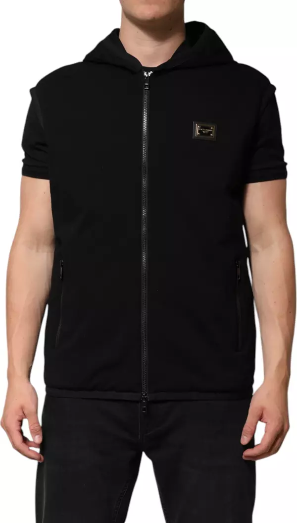 Black Sleeveless Hooded Logo Plaque Jacket
