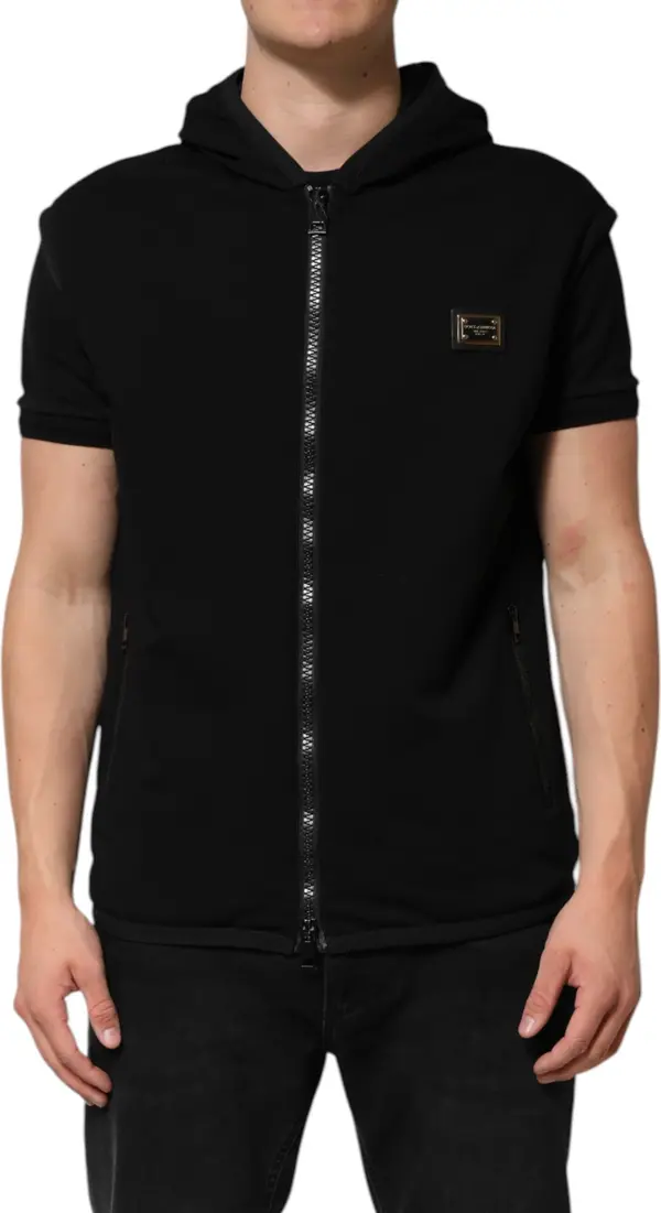 Black Sleeveless Hooded Logo Plaque Jacket