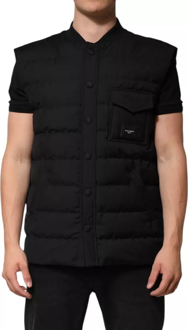 Black Sleeveless Parka Logo Plaque Jacket