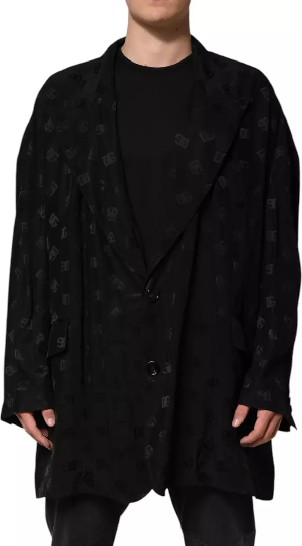 Black Polyester Logo Monogram Coat Jacket