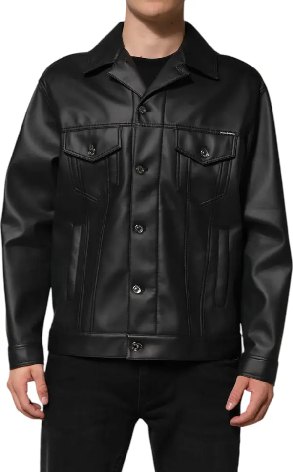 Black Polyester Button Down Biker Jacket