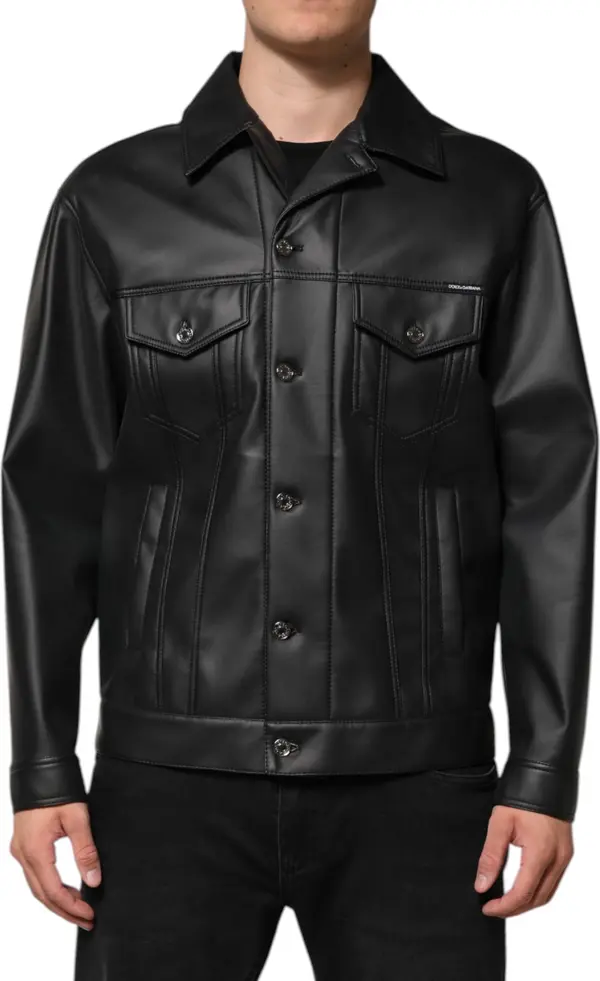 Black Polyester Button Down Biker Jacket