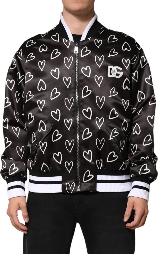 Black Polyester Heart Print Bomber Jacket
