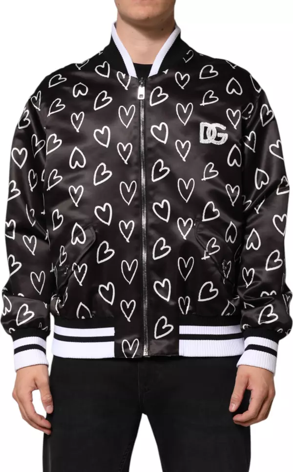 Black Polyester Heart Print Bomber Jacket