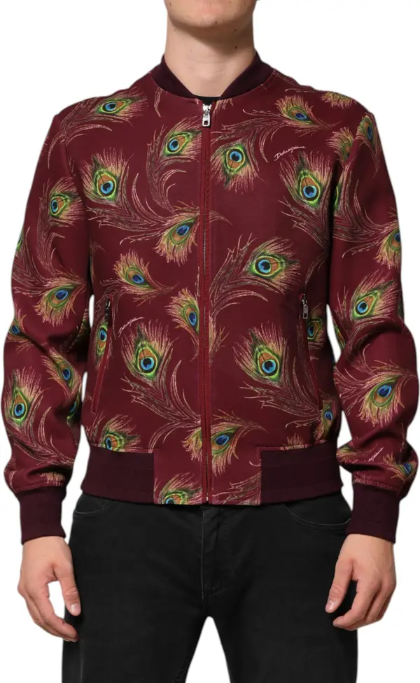 Maroon Peacock Feather Print Bomber Jacket