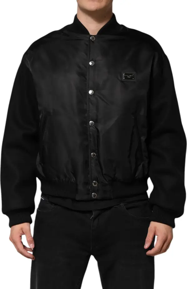 Black Polyester Logo Plaque Bomber Jacket